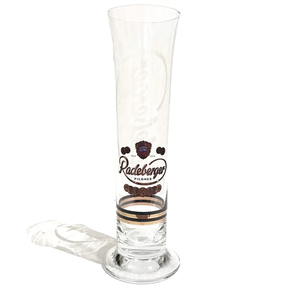 Radeberger Pilsner Beer Glass Tall Thin Gold Crest Coins White Logo Side Germany